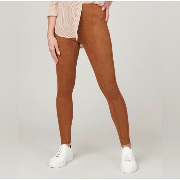 SPANX Shaping Leggings Size L Rich Caramel Faux Suede Pull On Stretch - Picture 1 of 11